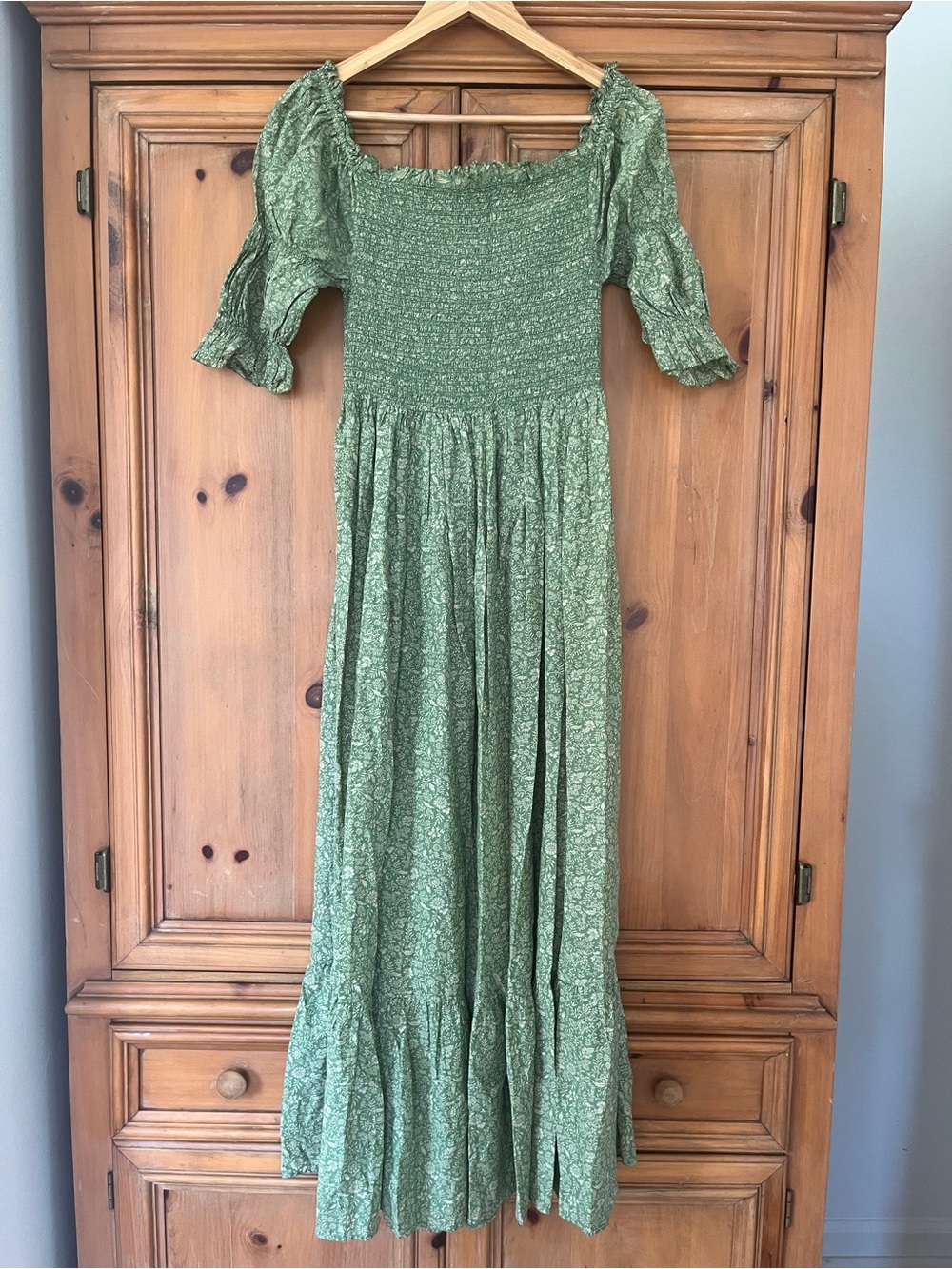 Doen Green Smocked Floral Maxi Dress